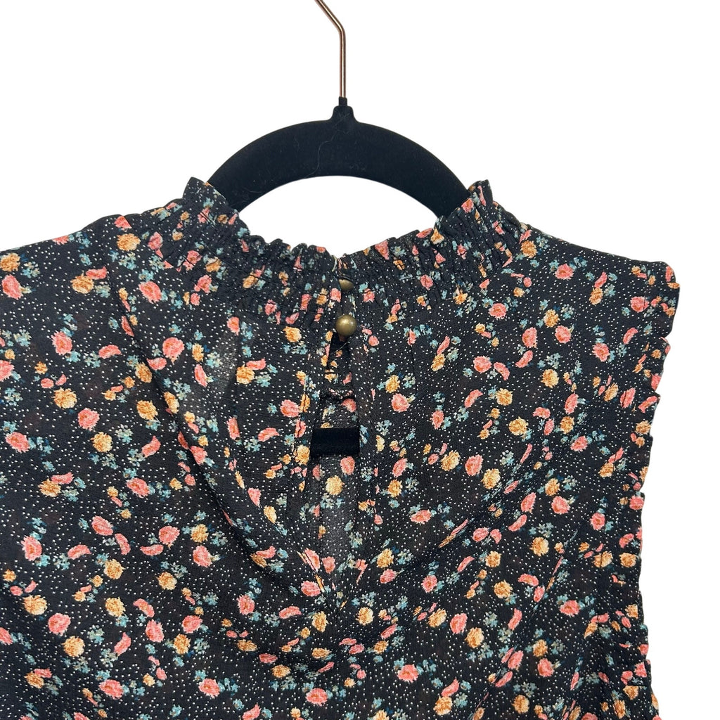 Black Pink Floral Sleeveless Mock Neck M Smocked Top Ruffle Y2K Romantic Goth