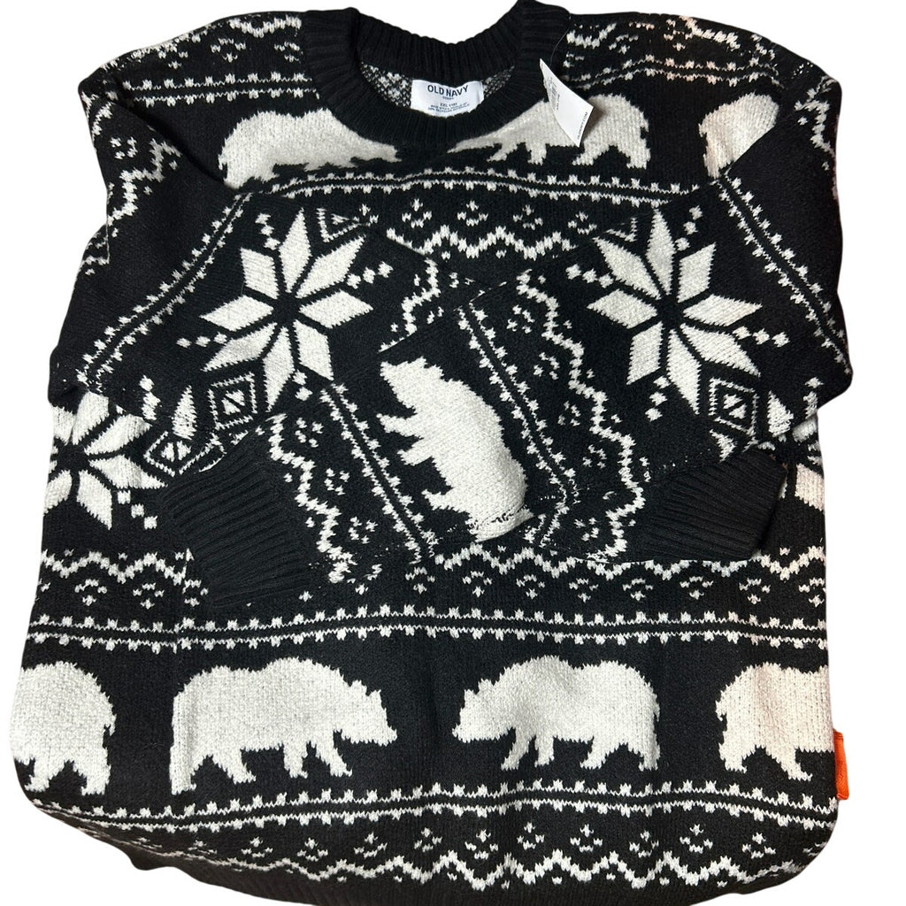 NWT Old Navy Boys Oversized Fair Isle Knit Sweater Bear Pattern Black White XXL