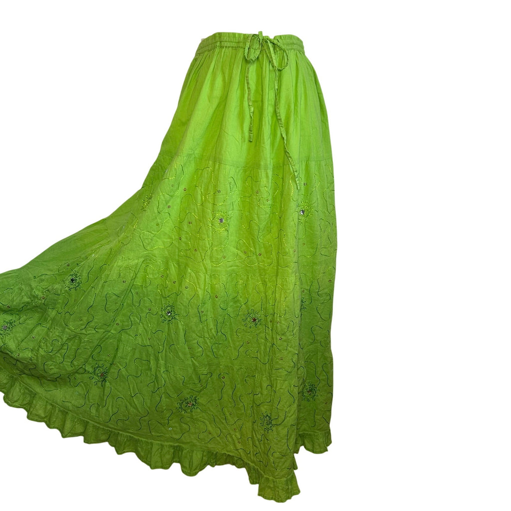 Green Ombre Broomstick L Maxi Skirt Sequin Embroidered Y2K Boho Fairy Grunge