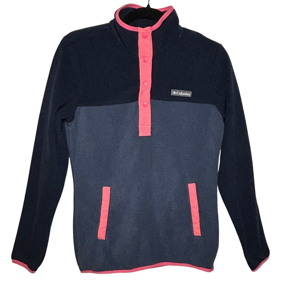 Columbia Navy Grey Pink Trim Benton Springs Fleece Snap Pullover Gorpcore Hike
