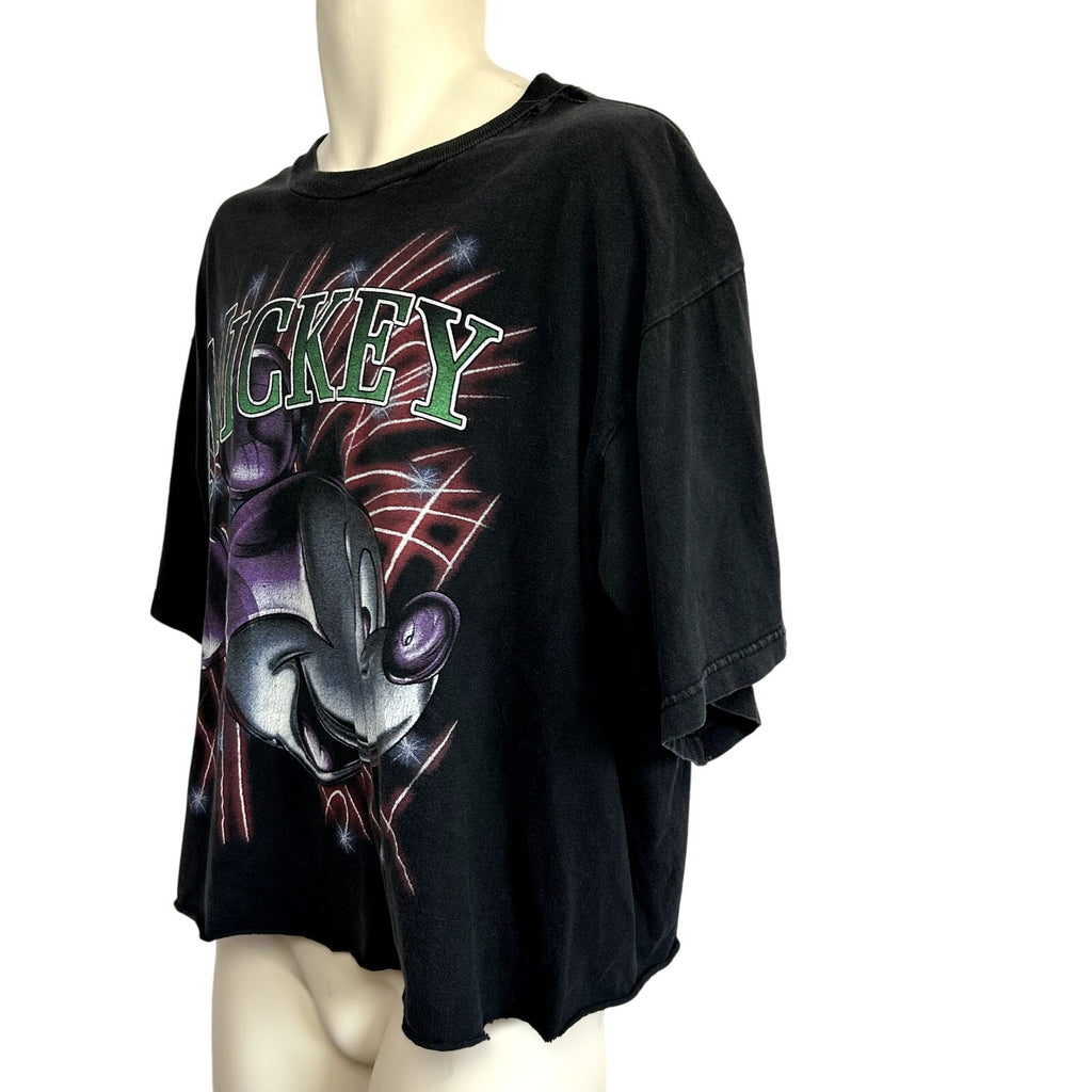 VTG 90s Disney Mickey Unlimited L Black Fireworks T-Shirt Trashed Grunge