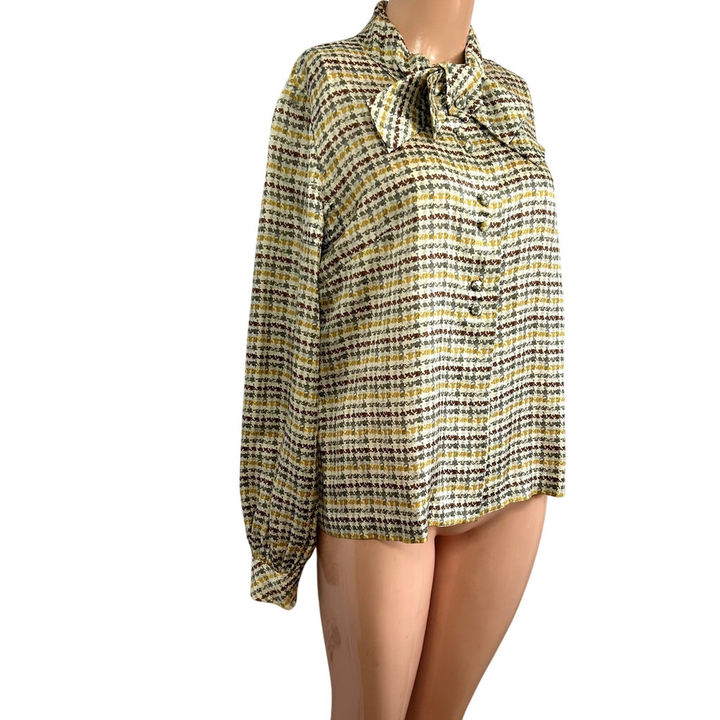 VTG 70s Sir Norman Hartnell M Tan Silk Houndstooth Pussy Bow Couture Blouse