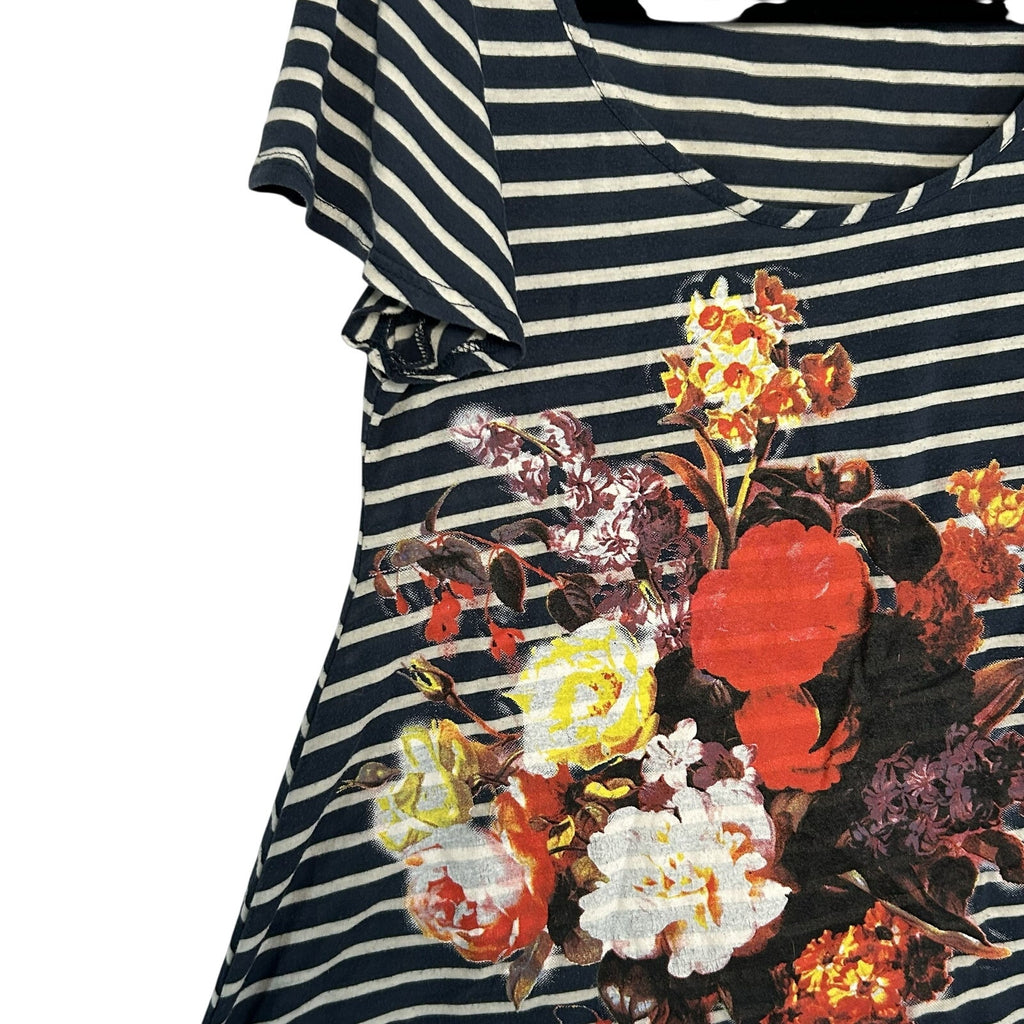 Forever 21 Navy White Striped Floral Graphic Tee Modal Blend Soft Casual Medium