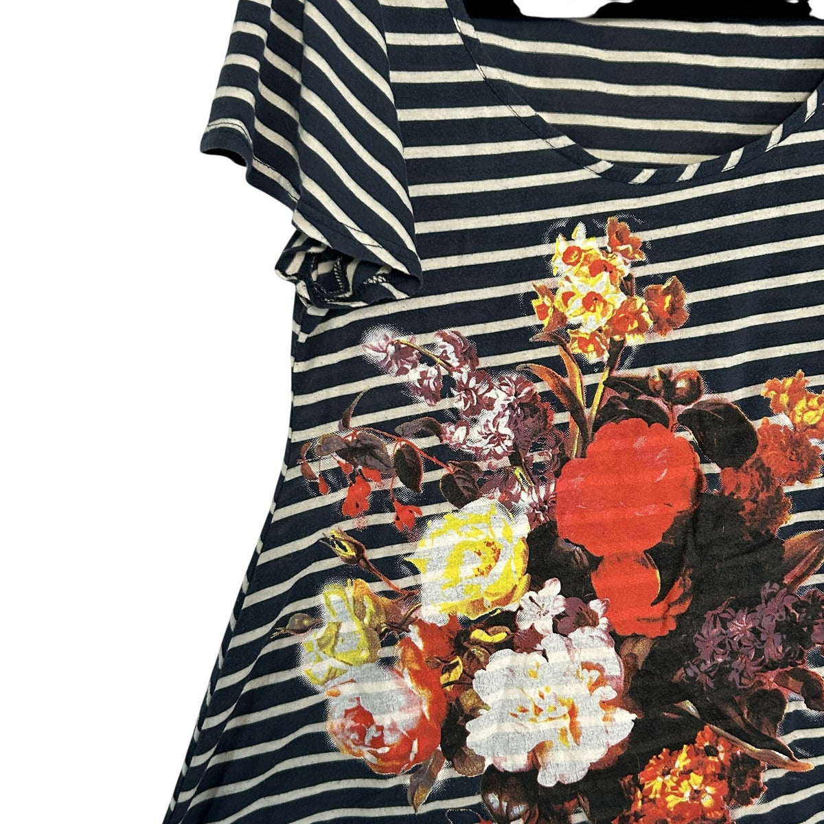 Forever 21 Navy White Striped Floral Graphic Tee Modal Blend Soft Casual Medium