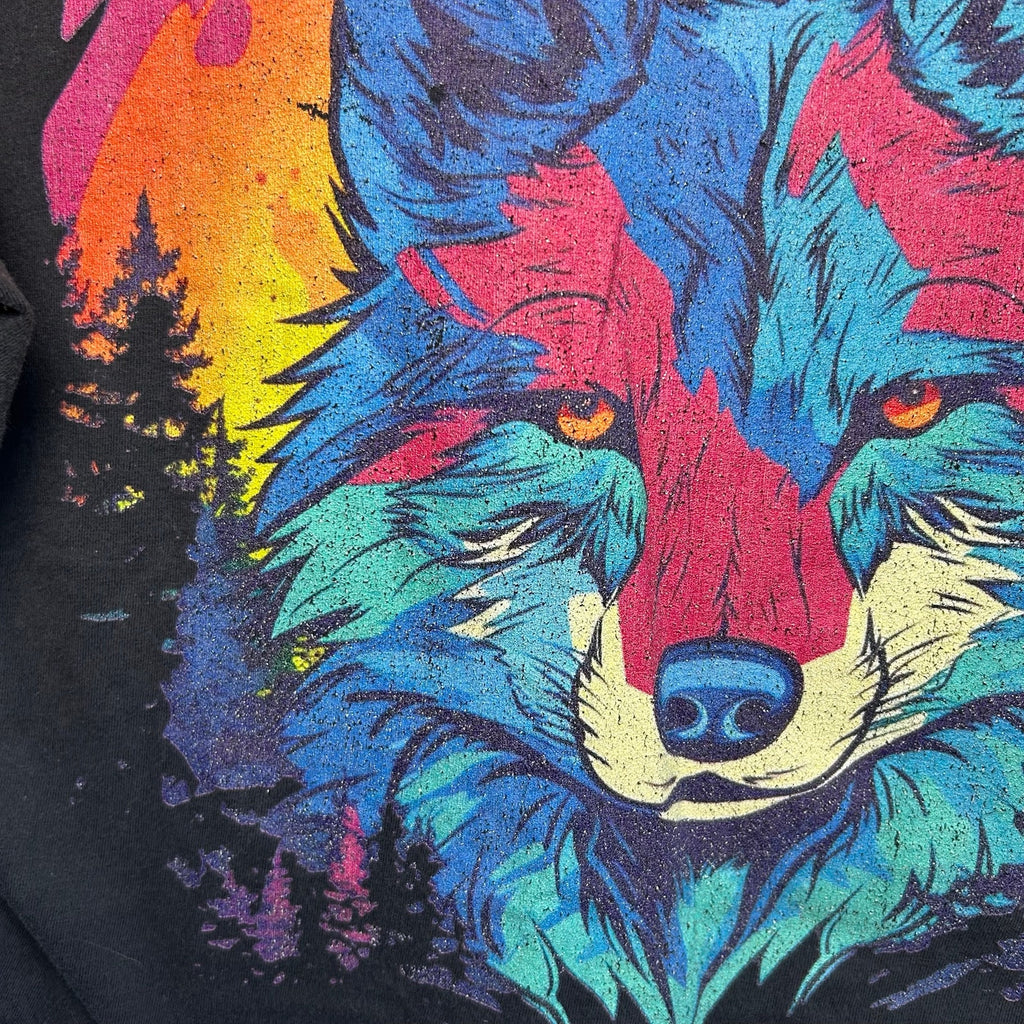 Black Colorful Wolf Graphic Raw Hem M Cropped Top T-Shirt Grunge Streetwear Y2K