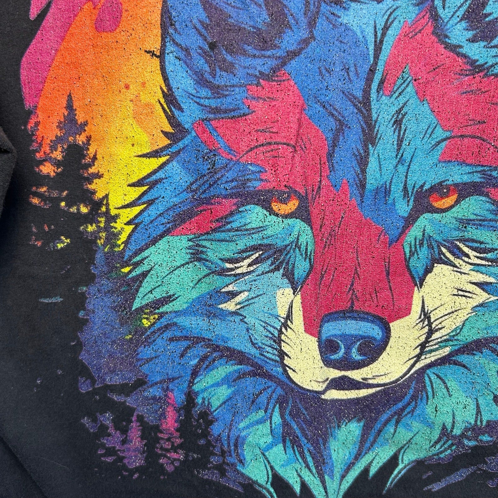Black Colorful Wolf Graphic Raw Hem M Cropped Top T-Shirt Grunge Streetwear Y2K