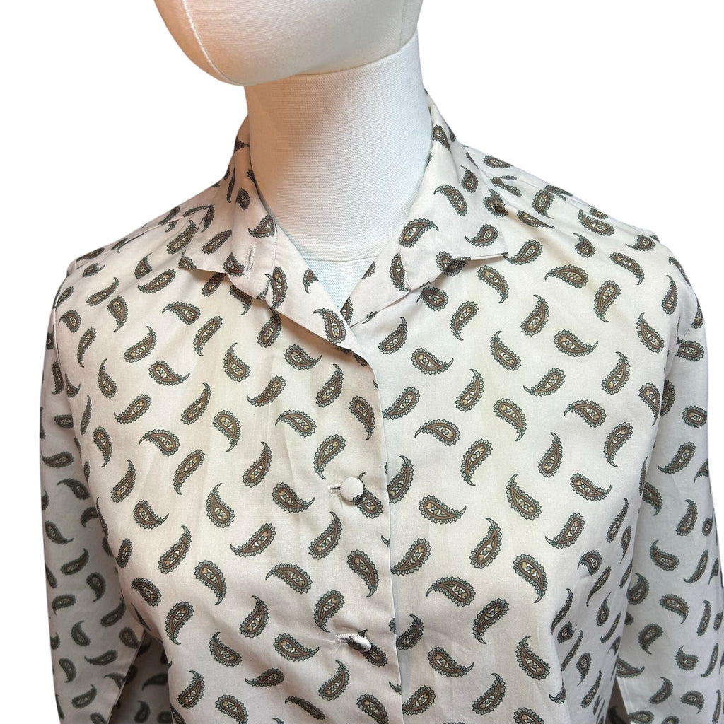 VTG 90s Handmade White Green Paisley Print Top Cloth Buttons Whimsigoth Boho