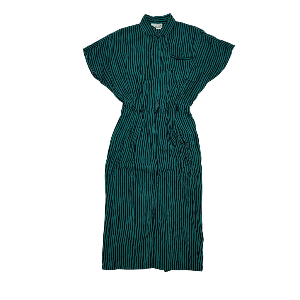 VTG 80s Scarlett Green Black Striped Rayon Midi Dress S Retro Boho Whimsigoth
