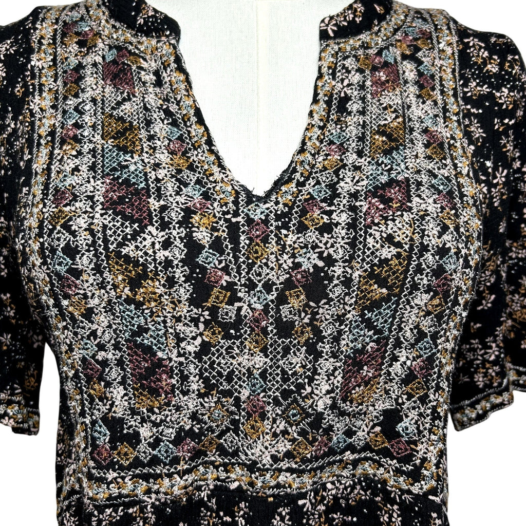 Knox Rose Black Embroidered Boho Floral Tunic Top S Boho Goth Whimsigoth Casual