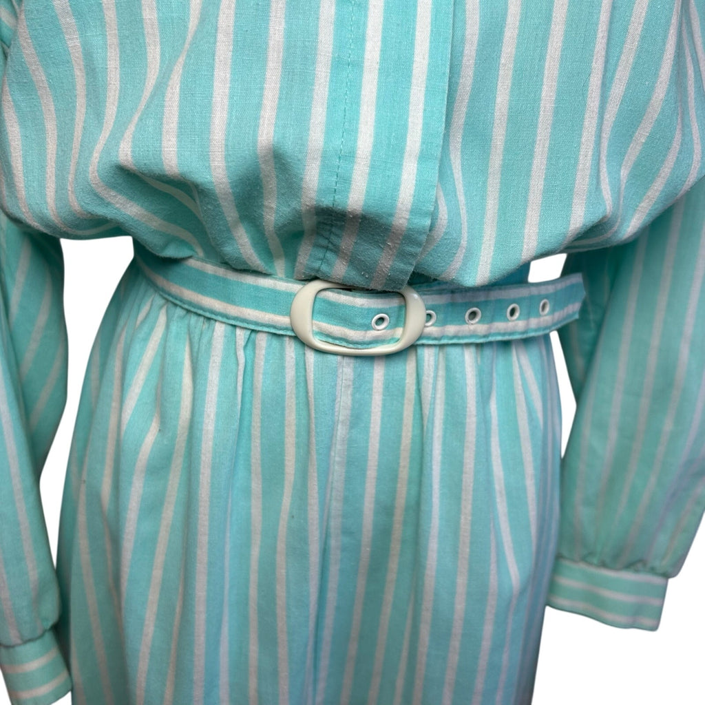 VTG 80s Carriage Court Teal Striped Belted Midi Dress M Retro Preppy Cottage