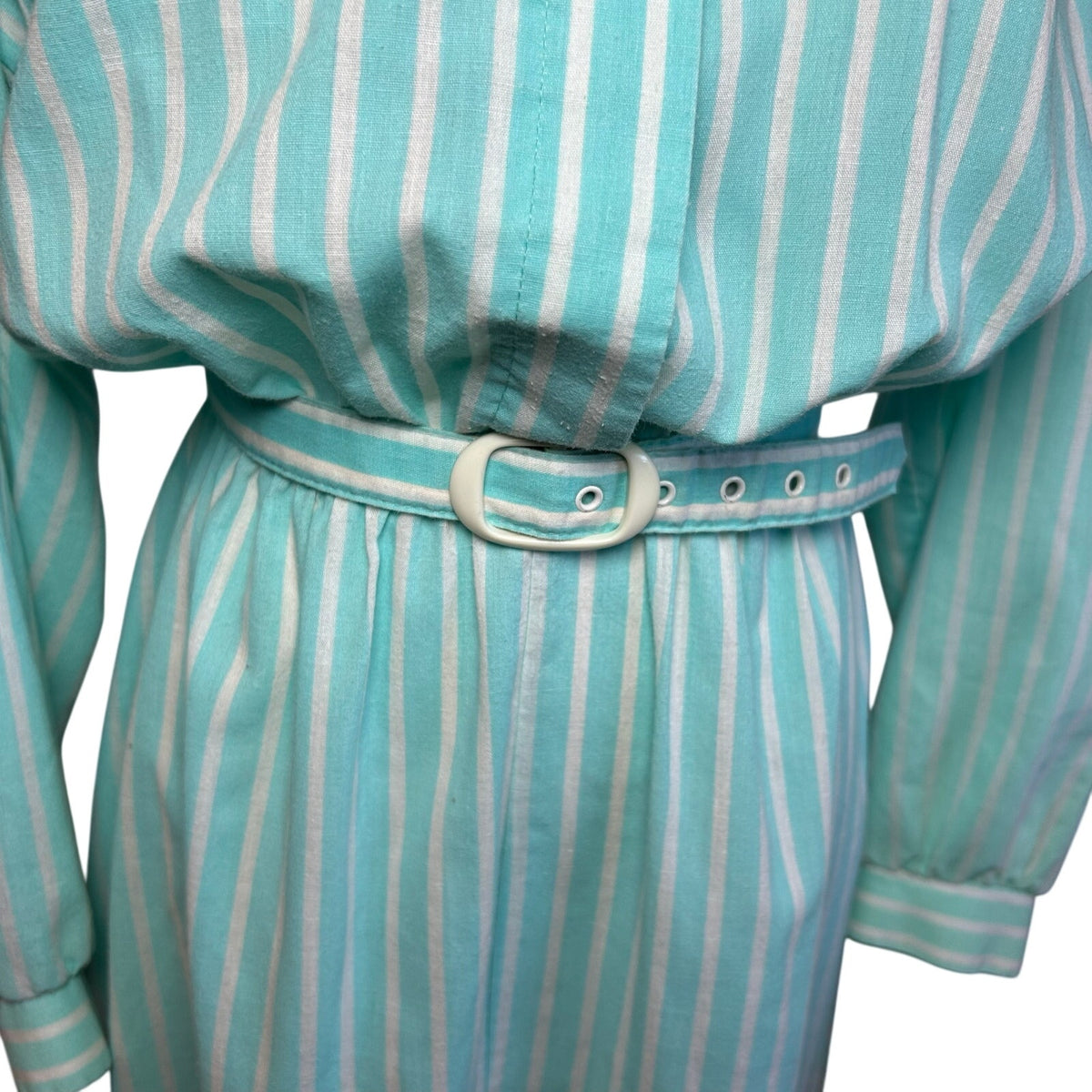 VTG 80s Carriage Court Teal Striped Belted Midi Dress M Retro Preppy Cottage