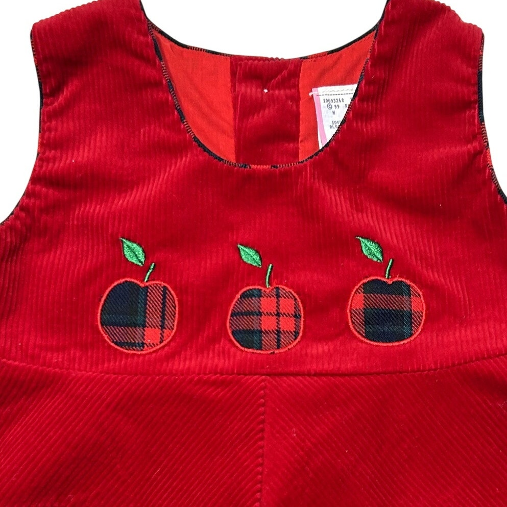 VTG 90s 24M Red Corduroy Embroidered Apple Buffalo Plaid A-Line Pinafore Dress