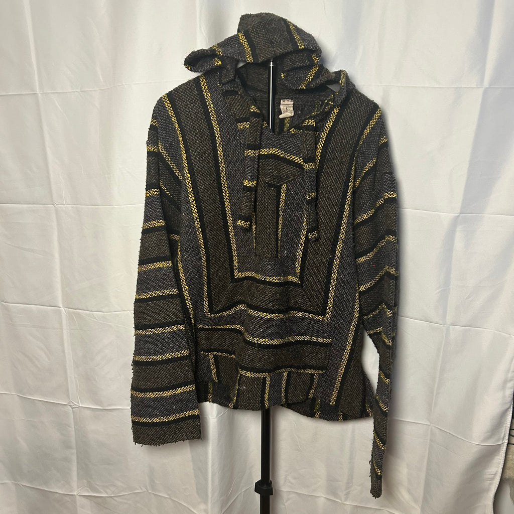 VTG Molina Baja Hoodie Charcoal Grey Yellow Striped Mexican Rug Hoodie Gorpcore