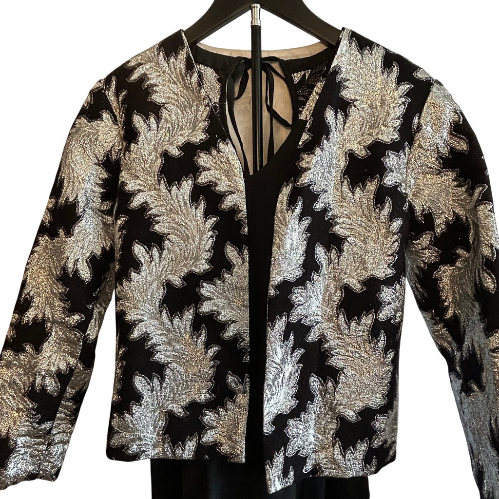VTG Silver Black Metallic Leaf Brocade Jumpsuit and Matching Cropped Jacket Set