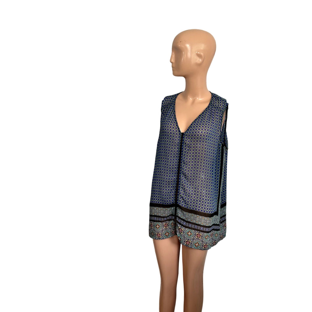 Liz Claiborne XL Blue Green Chiffon Sleeveless V-Neck Blouse Boho Top Maximalist