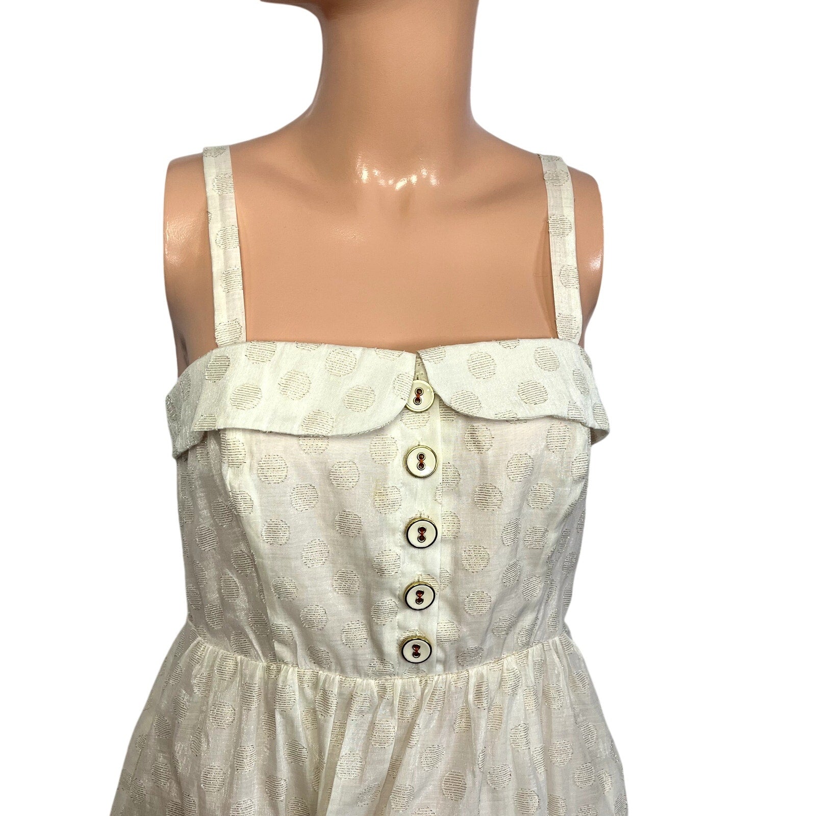 Free People Metallic Polka Dot Dress S Smocked Button Down Knee Length Cottage