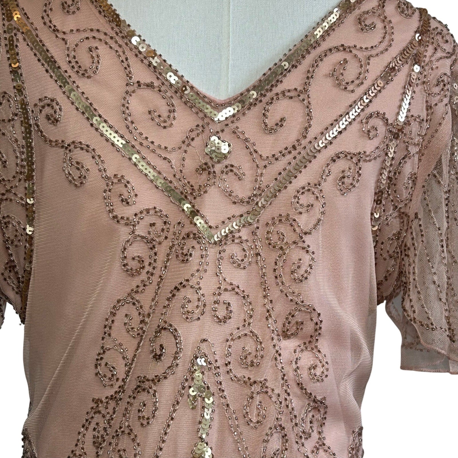 Pink Beaded Sequin Flapper Dress PS Fringe 1920s Style Art Deco Costume Party