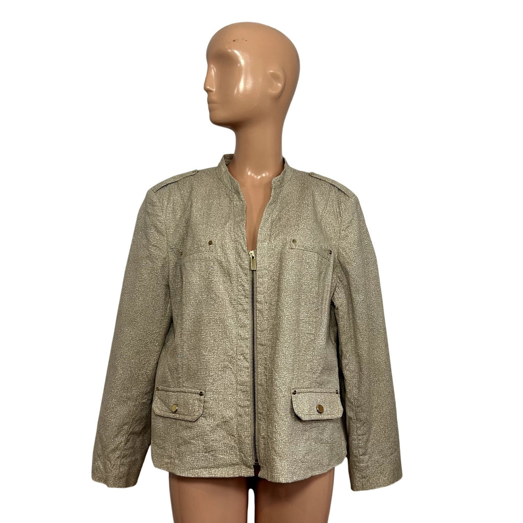 Jones New York Collection 16 Tan Cotton Stretch Moto Peplum Utility Jacket Chic