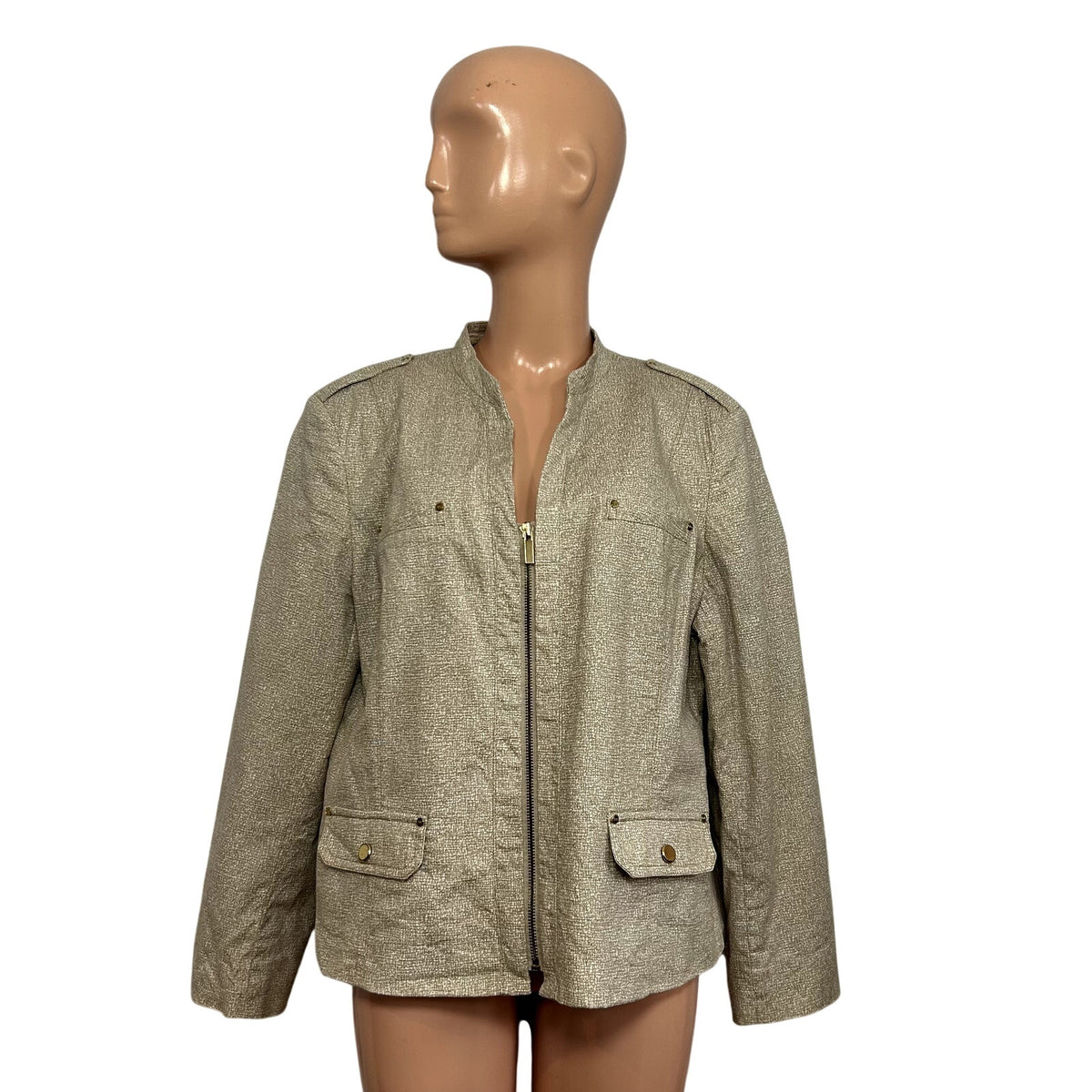Jones New York Collection 16 Tan Cotton Stretch Moto Peplum Utility Jacket Chic