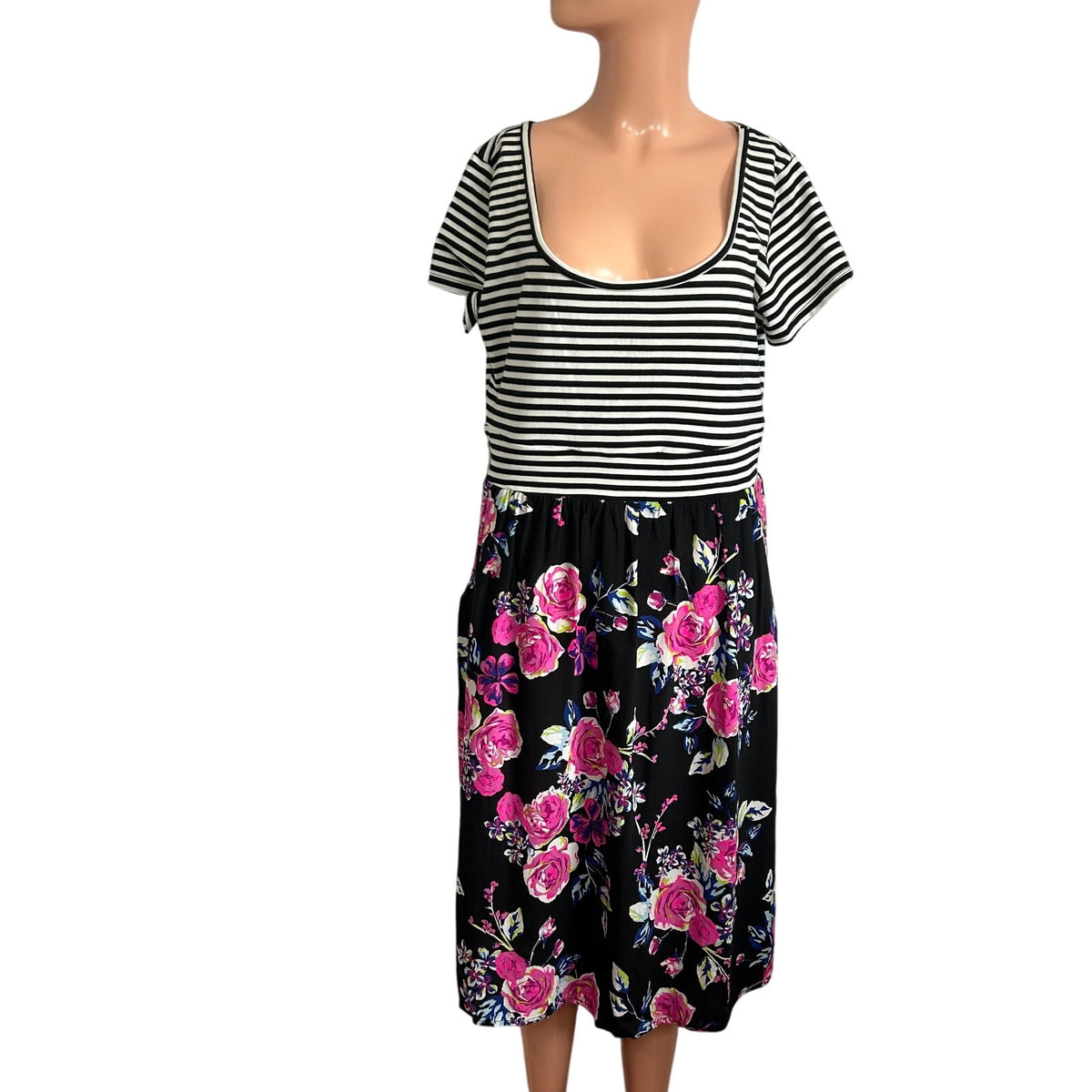 Torrid Plus 0 Black Spring Striped Floral Midi Dress Pockets Casual Teacher Work