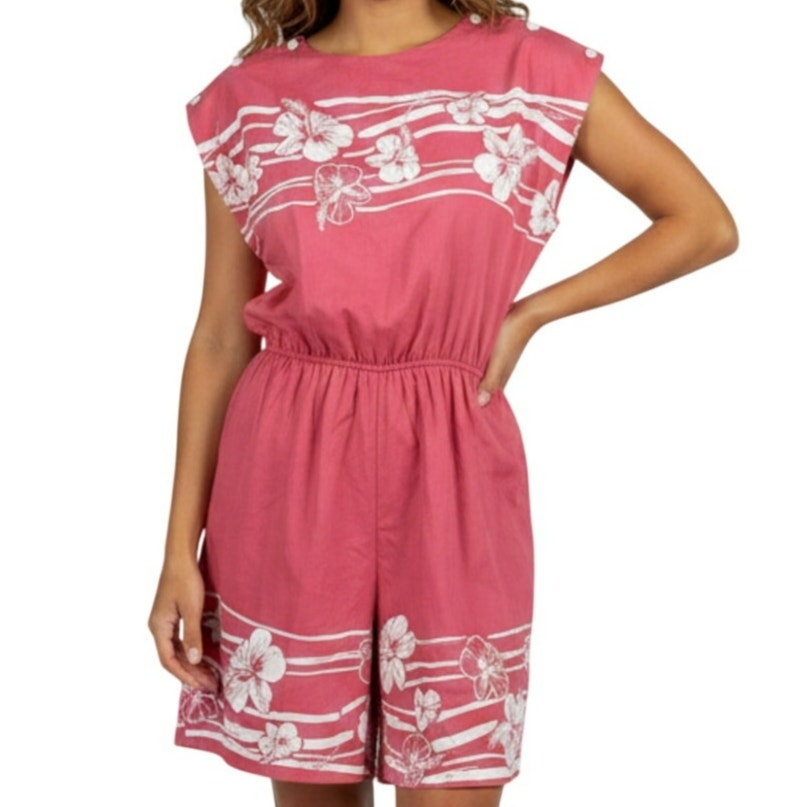 VTG Hans Jutte Hawaii Romper Rust Orange Hibiscus Print Button Shoulder 70s 80s