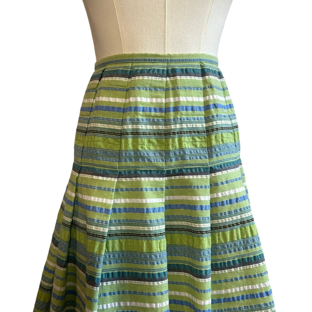 VTG 90s Green Seersucker Cotton Blend Lined Midi Skirt 8 Preppy Retro Cottage