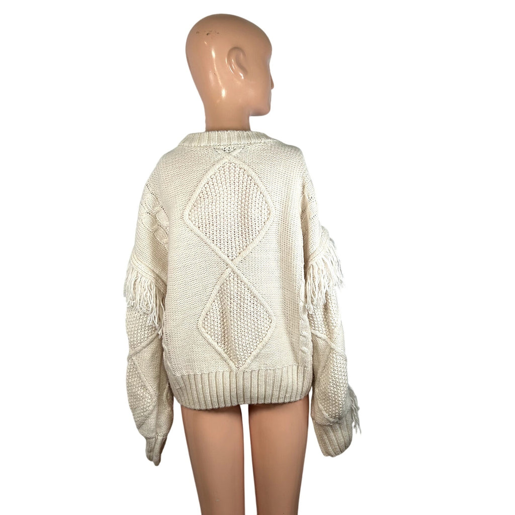 SugarLips M White Knit Fair Isle Fringe Fisherman Sweater Boho Chic Cottage