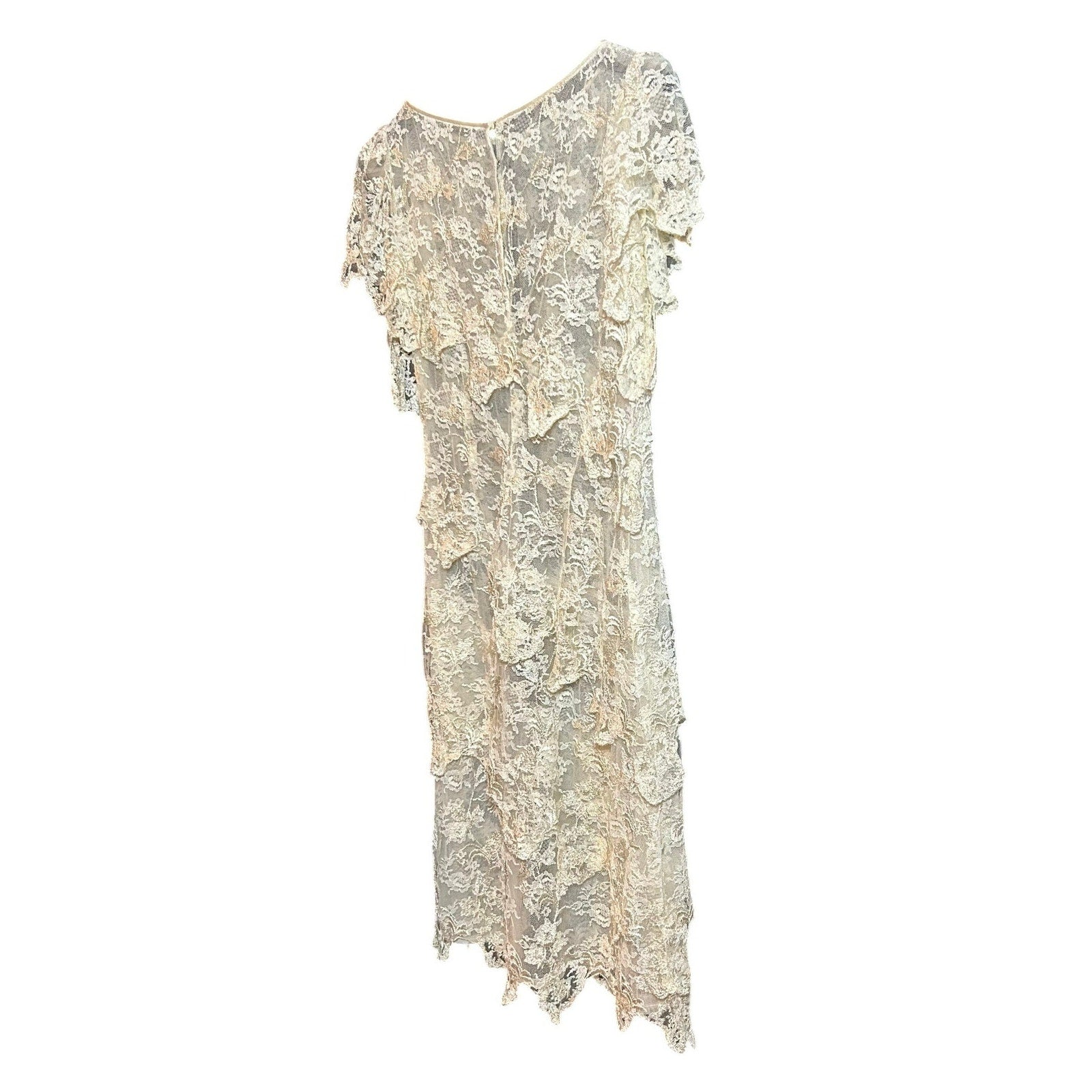 VTG 1960s Sheer Cream Lace Tiered Midi Dress Whimsigoth Bridal Overlay S