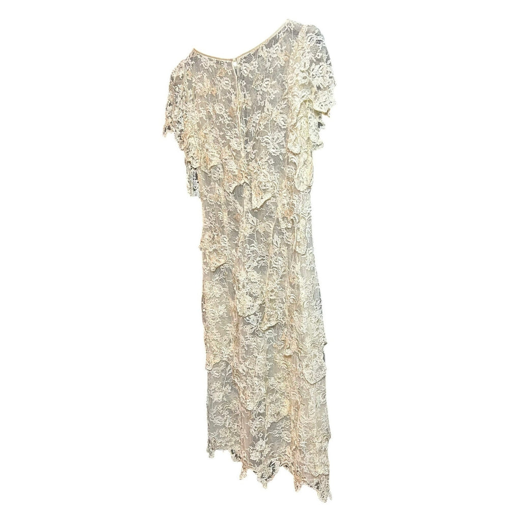 VTG 1960s Sheer Cream Lace Tiered Midi Dress Whimsigoth Bridal Overlay S