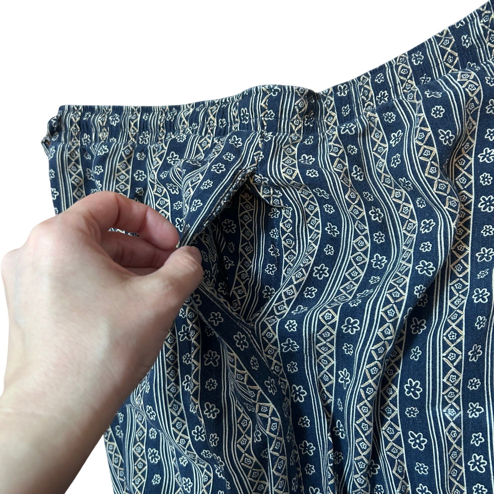 VTG Sag Harbor Petite Floral Rayon Wide Leg Pants Blue 90s L Drawstring