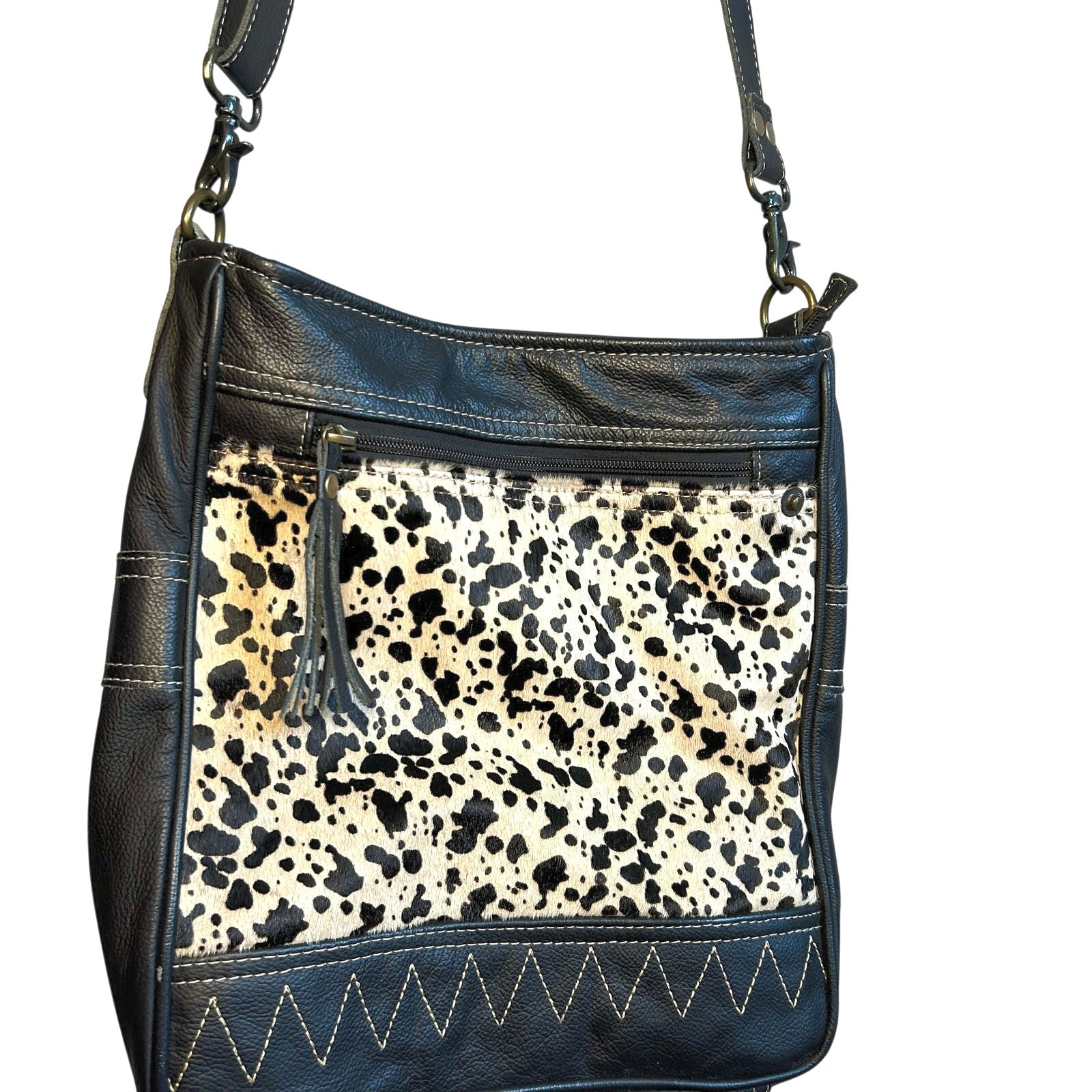 Myra Bag Leather Cow Hide Crossbody Shoulder Bag Brown White Tassel Purse