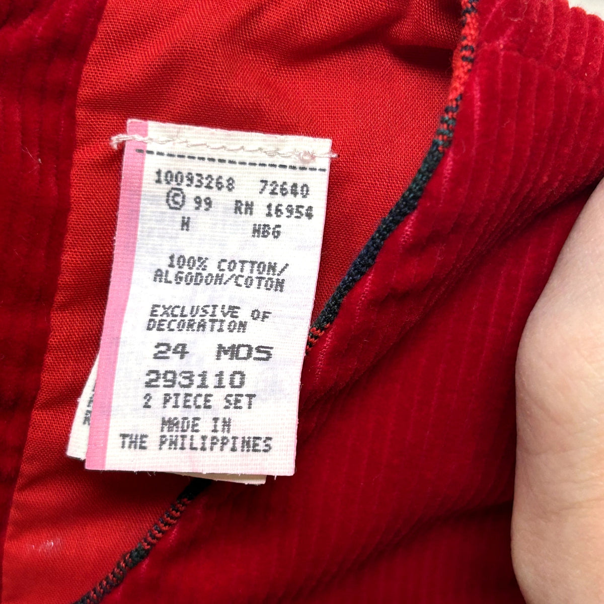 VTG 90s 24M Red Corduroy Embroidered Apple Buffalo Plaid A-Line Pinafore Dress