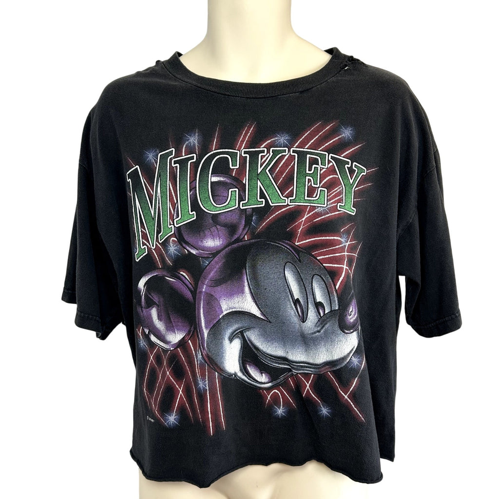 VTG 90s Disney Mickey Unlimited L Black Fireworks T-Shirt Trashed Grunge