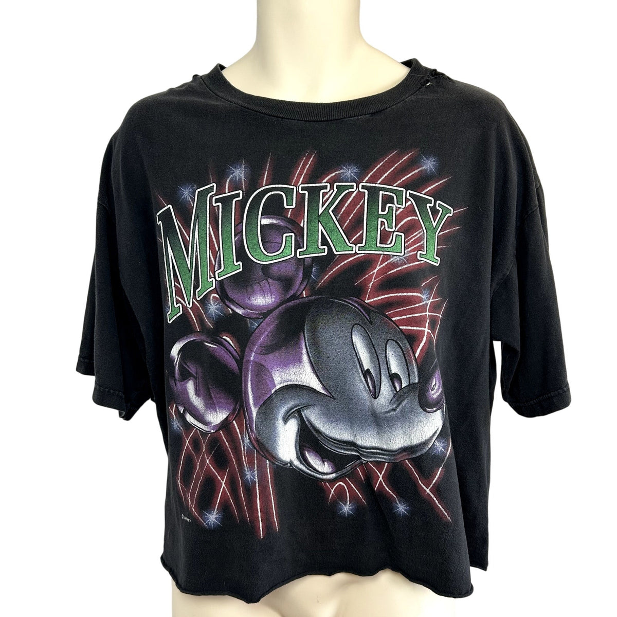 VTG 90s Disney Mickey Unlimited L Black Fireworks T-Shirt Trashed Grunge