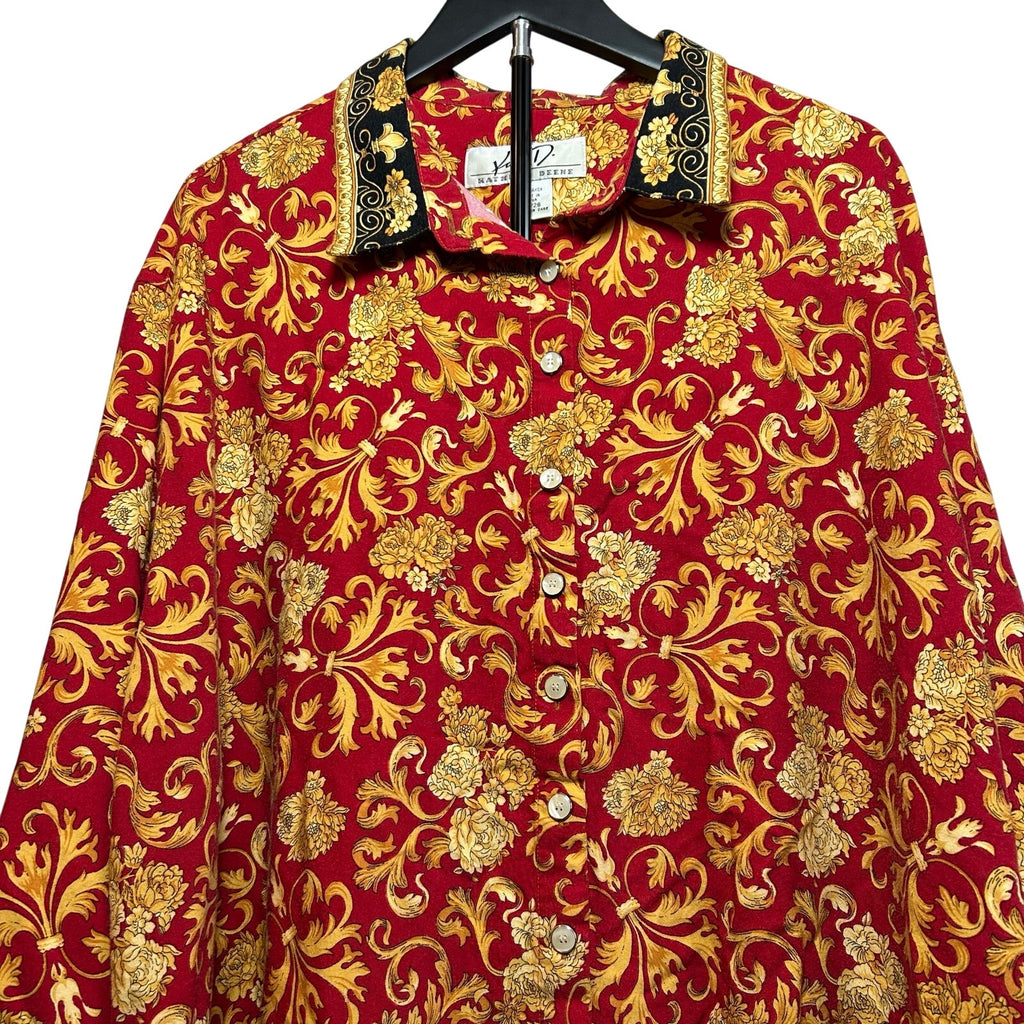 VTG Kathryn Deene Blouse Red 26/28 Boho Floral Baroque Top Plus Size Bold