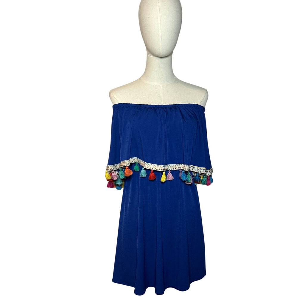 Judith March Blue Off Shoulder Resort Cover Up Mini Dress S Coquette Y2K Retro