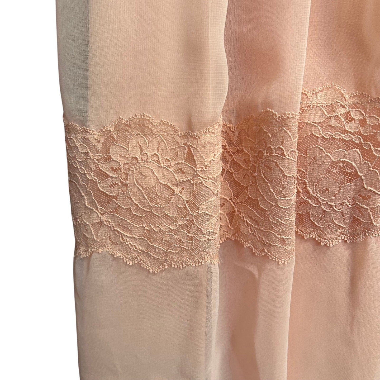 VTG 70s Handmade Peach Lace Maxi Dress Sheer Bishop Sleeve Boho Prairie XS