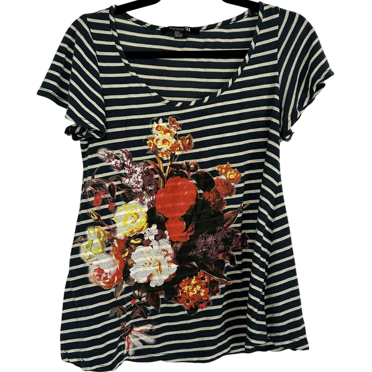 Forever 21 Navy White Striped Floral Graphic Tee Modal Blend Soft Casual Medium