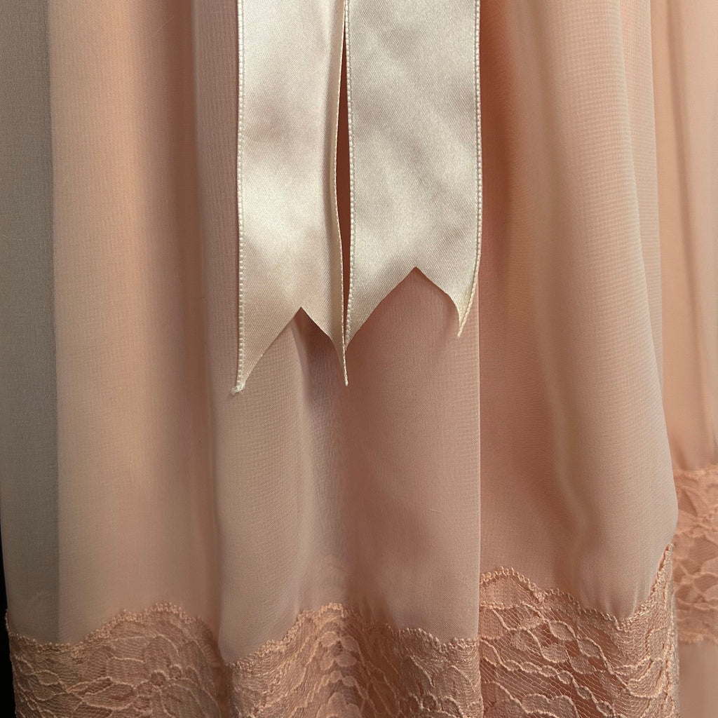 VTG 70s Handmade Peach Lace Maxi Dress Sheer Bishop Sleeve Boho Prairie XS