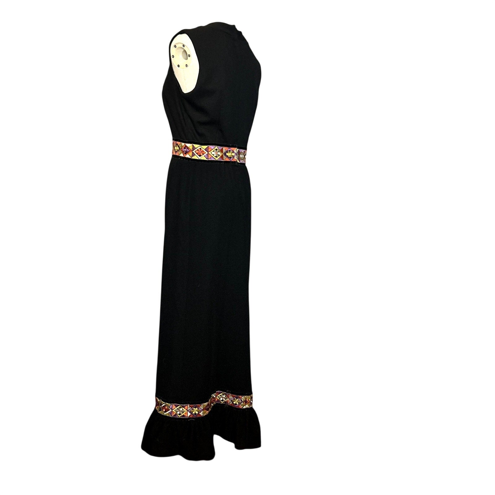 VTG 70s Black Folk Maxi Dress Embroidered Velvet Trim Ruffle Boho Hostess Small