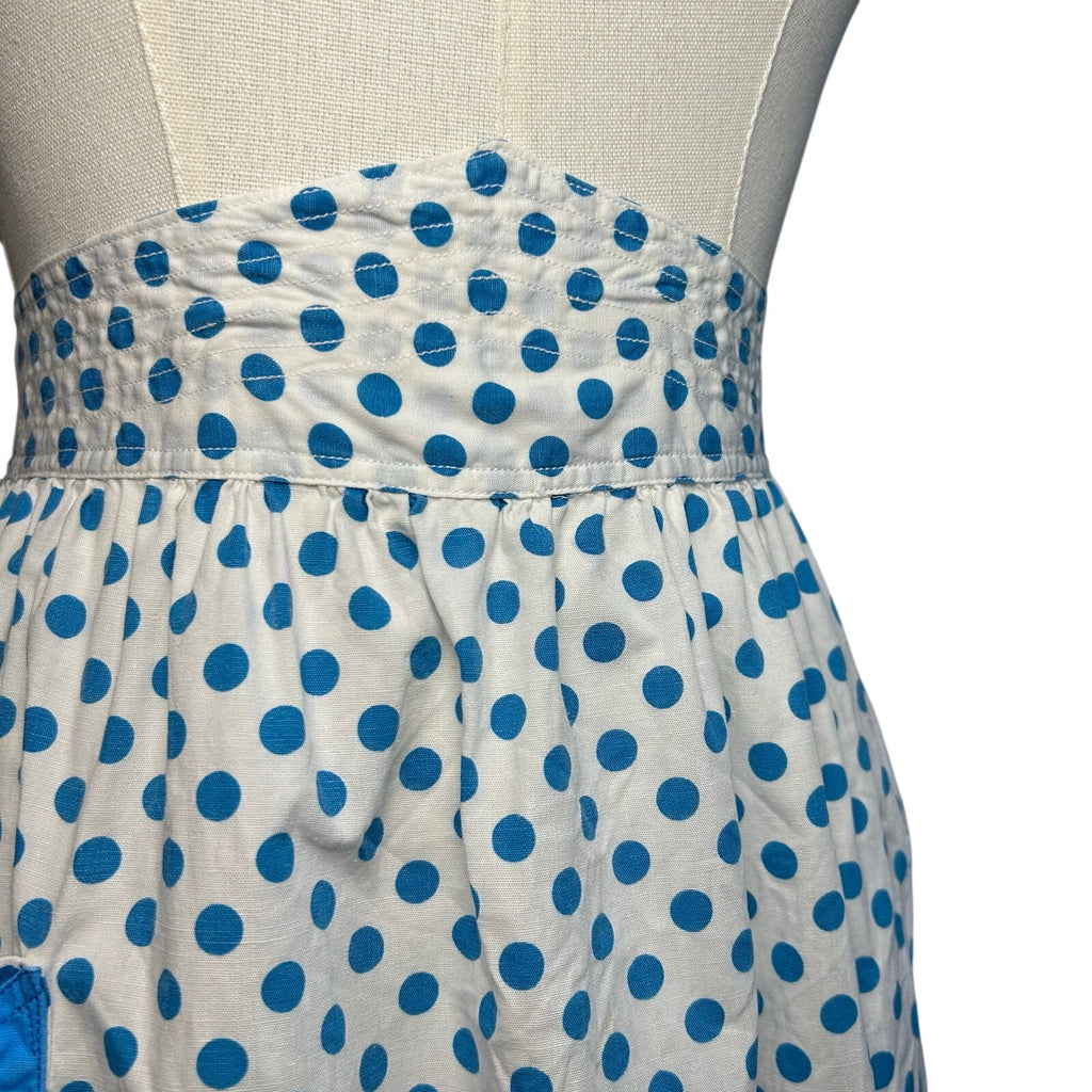 VTG Blue White Cotton Apron Handmade Pocket Polka Dot Cottage Retro Western Boho