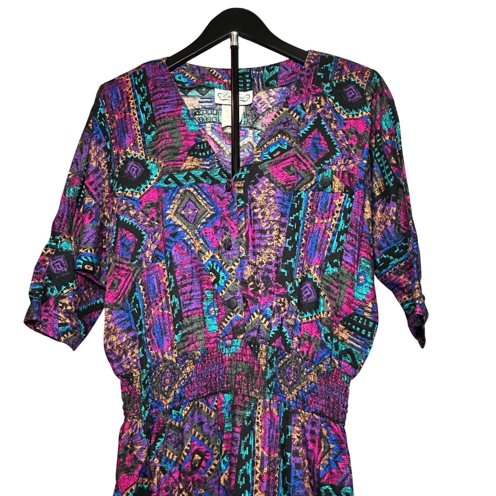 VTG En Focus Geometric Jumpsuit Purple L Rayon Southwestern Boho 90s USA Made