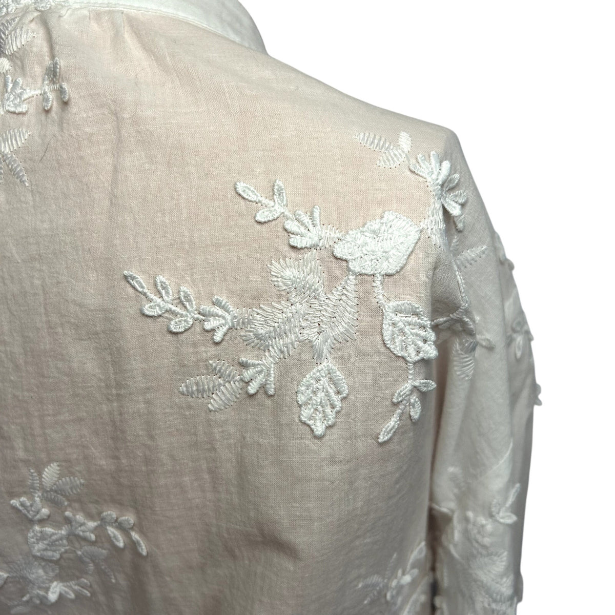 White Floral Applique Mandarin Collar Button Down Shirt L Cottagecore Boho