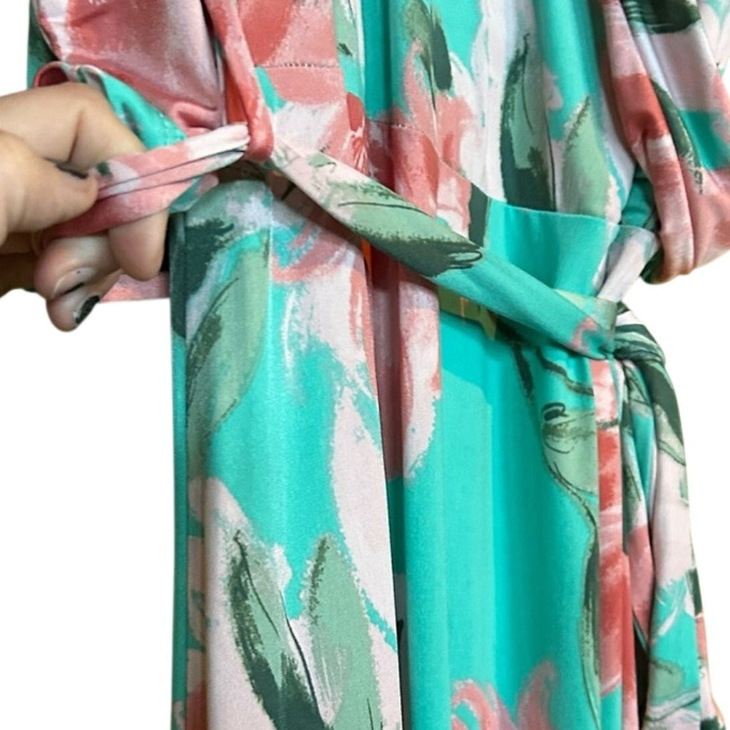Pink Blue Floral Wrap Maxi Dress Plus Size 3X Stretchy Belted Bow Flowers Easter