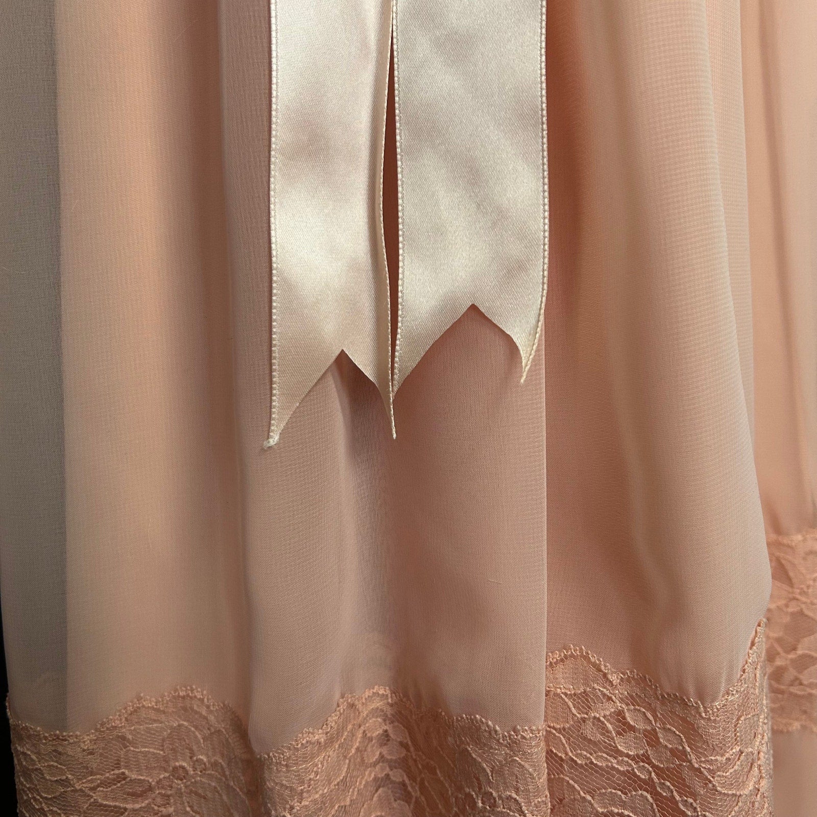 VTG 70s Handmade Peach Lace Maxi Dress Sheer Bishop Sleeve Boho Prairie XS