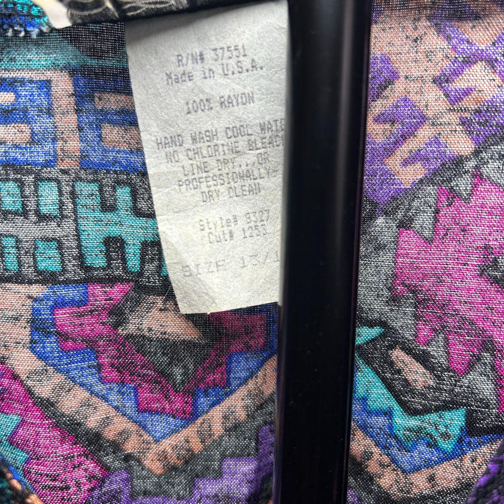 VTG En Focus Geometric Jumpsuit Purple L Rayon Southwestern Boho 90s USA Made