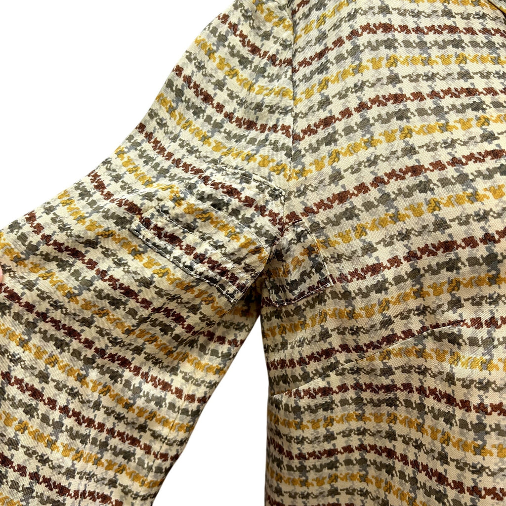 VTG 70s Sir Norman Hartnell M Tan Silk Houndstooth Pussy Bow Couture Blouse