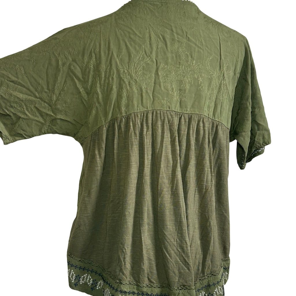 Knox Rose Blouse Small Green Rayon Embroidered Boho Peasant Indie Retro Cottage