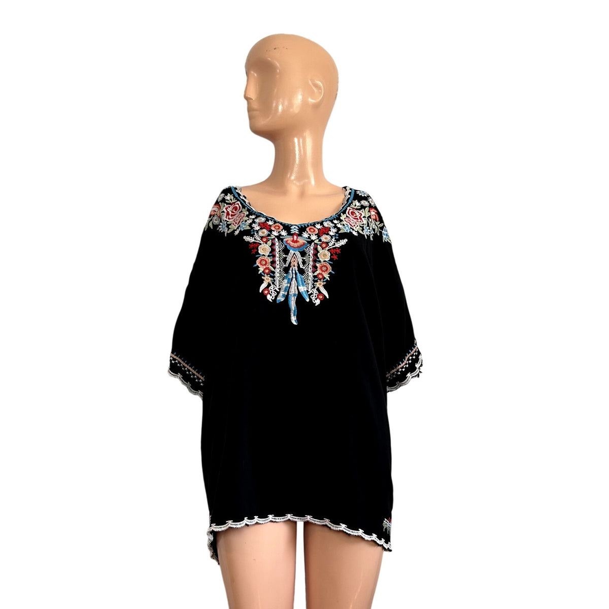 Black Southwestern Embroidered XL Rayon Batwing Blouse Top Boho Peasant Western