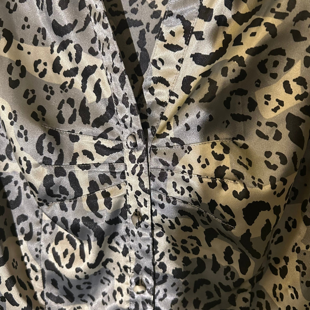 VTG FANG Cheetah Animal Print Satin Blouse Puff Sleeve Mob Wife Office Siren M